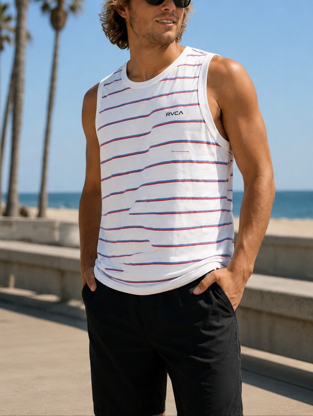 RVCA Mens Striped Tank Top Large White Blue Red Cotton ANP - Picture 5 of 12